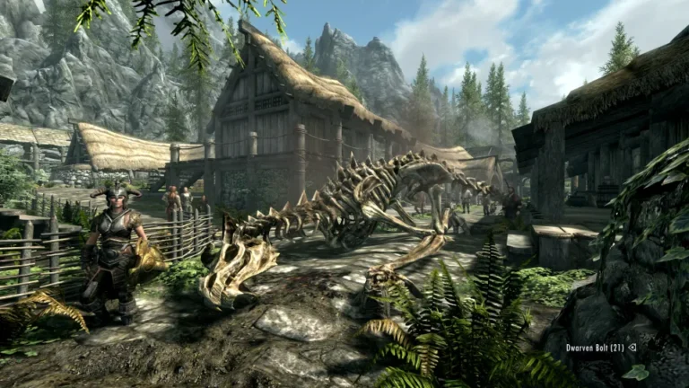 skyrim riverwood with dragon skeleton